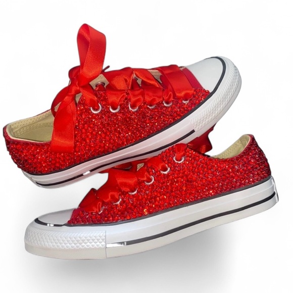 Siam Red Luxe Crystal Red Low Top Converse Sizes 5-14 With Ribbon Laces - Picture 5 of 16
